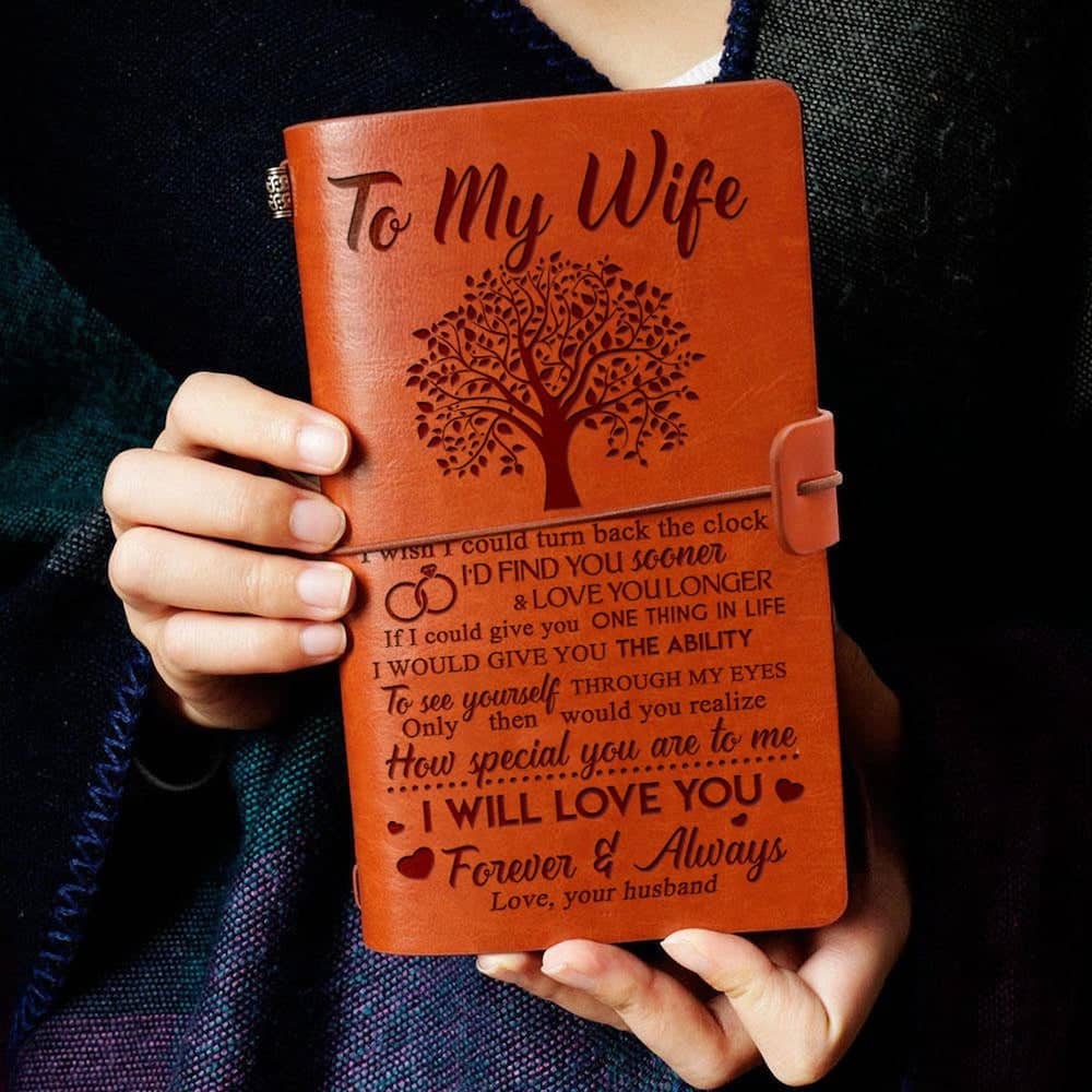 an Engraved Leather Travel Journal with a message to the bride