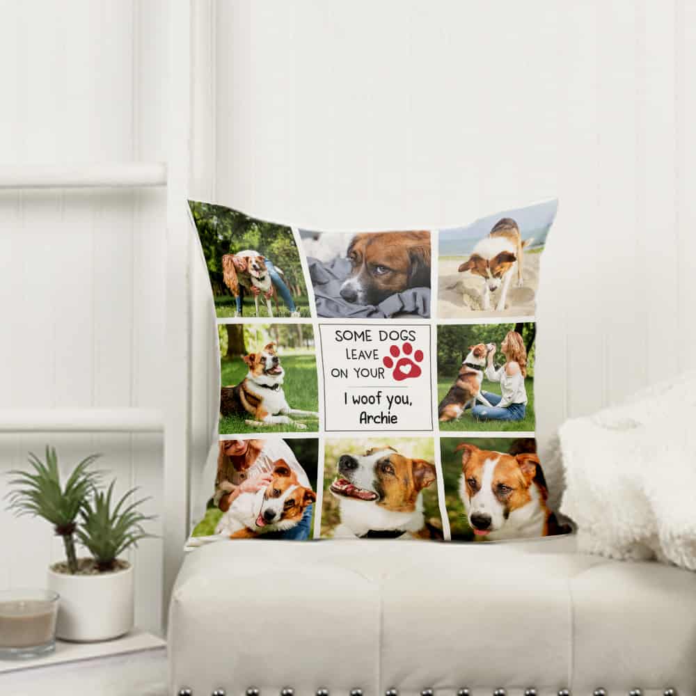 “Dogs Leave Paw Prints On Your Heart” Collage Pillow