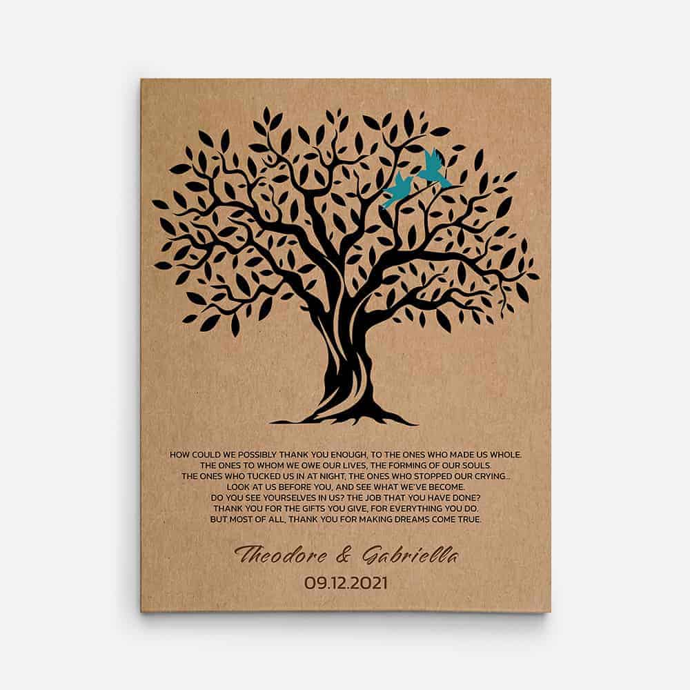 a family tree canvas print with a thank you message to parents