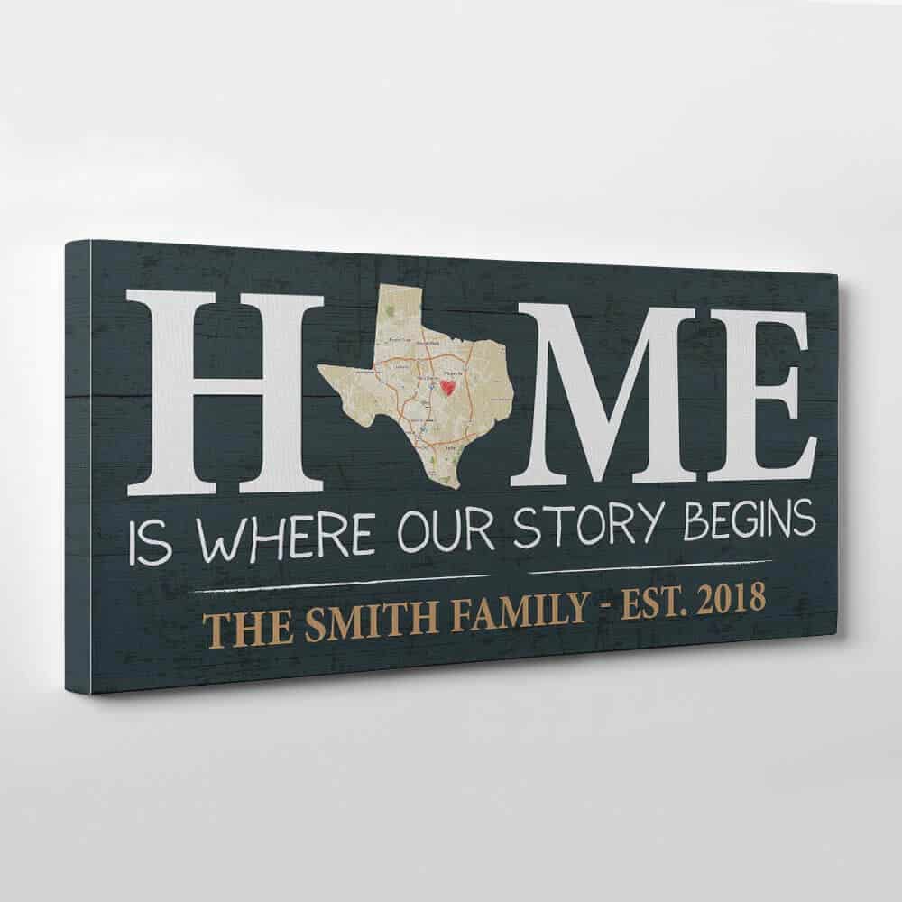 map wall art with the quote home is where our story begins - a wedding gift for established couples