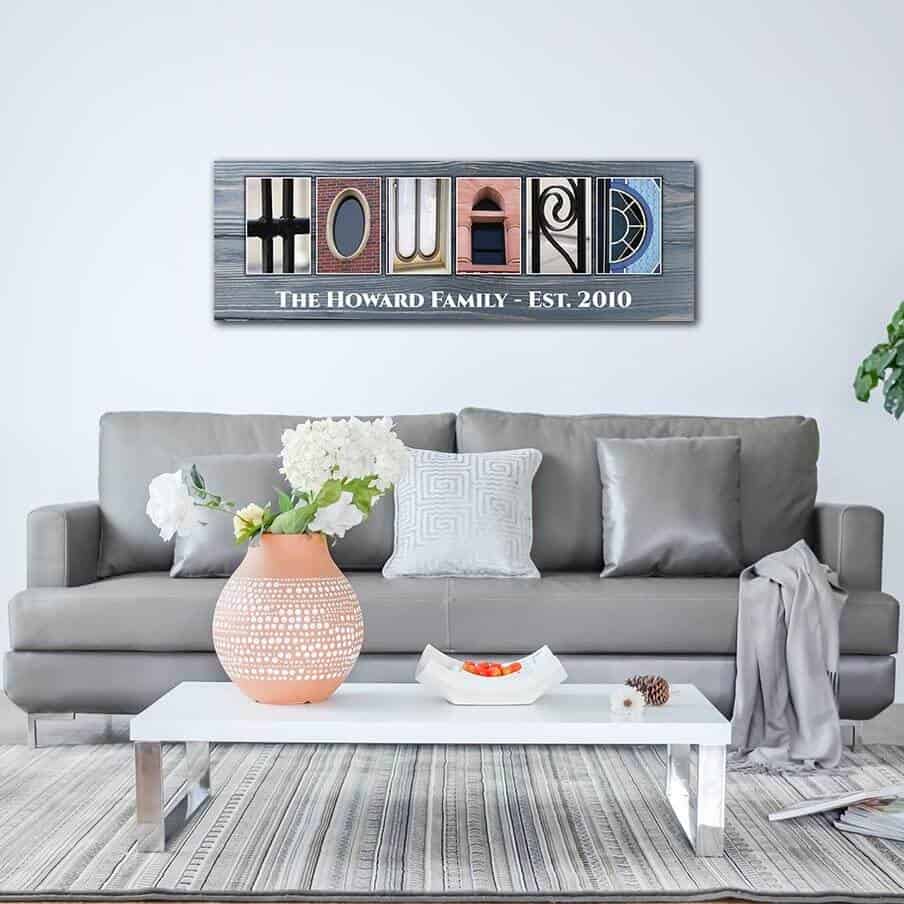 a letter art family name sign gift for couples who live together