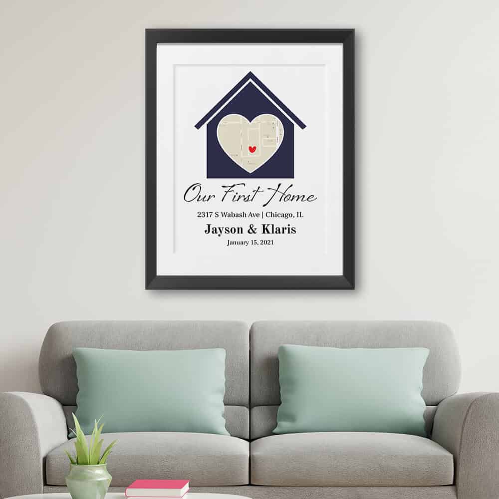 our first home map framed print - a unique gift idea for couples already living together