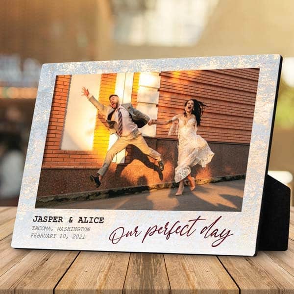 gift from father to son on wedding day: Our Perfect Day Photo Desktop Plaque