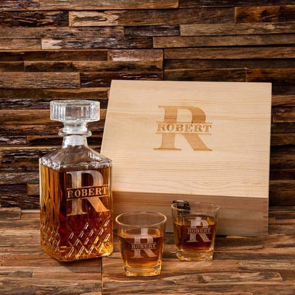 Whiskey Decanter Set in wood box for groomsmen