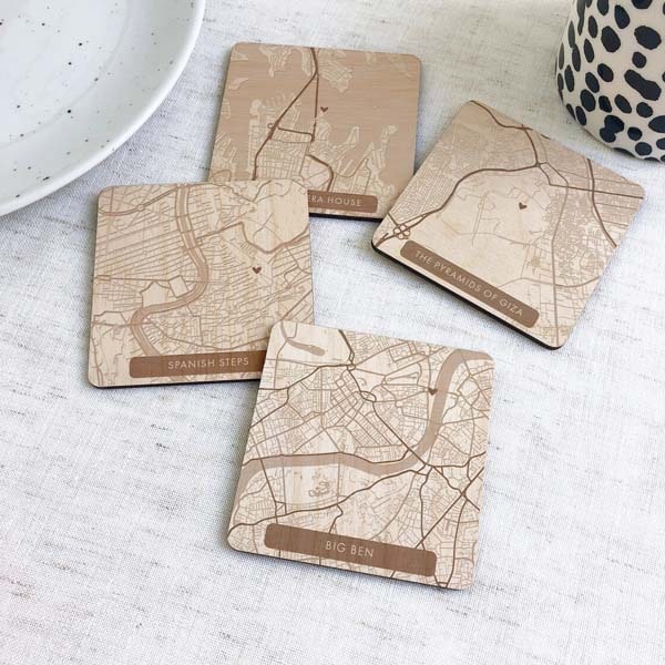 good late wedding gifts: Map Location Coaster Set