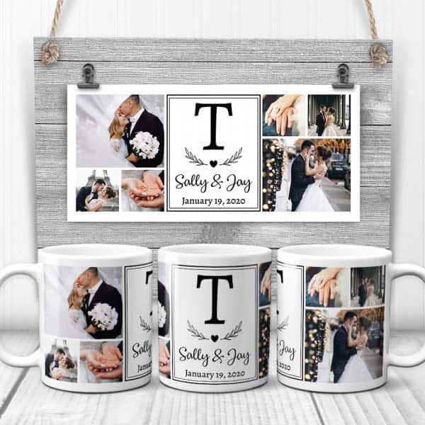 good late wedding gifts: Wedding Photo Collage Monogram Mug