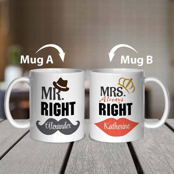 Mr. Right and Mrs. Always Right Couple Mugs: fun wedding gift ideas for young couples