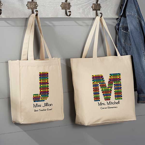 Crayon Letter Personalized Teacher Canvas Tote Bags: cute teacher gifts