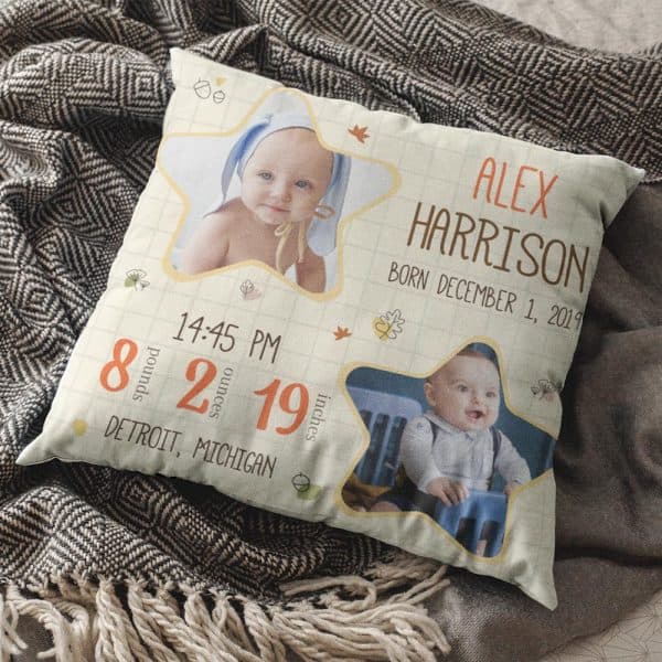 Baby Birth Stats Personalized Photo Suede Pillow 