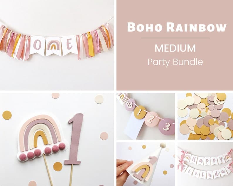 Boho Rainbow 1st Birthday Party Bundle
