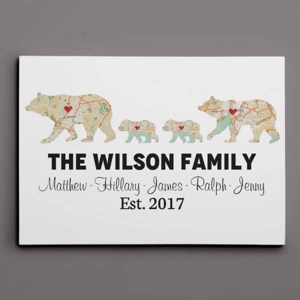 Bear Family Retro Map Custom Canvas Print