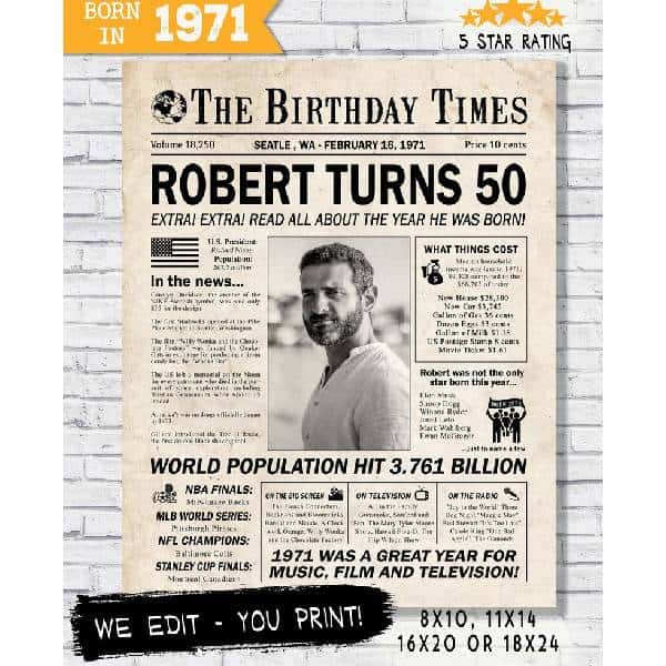 Personalized 50th Birthday Newspaper Print 50th Birthday Gift Ideas For Men