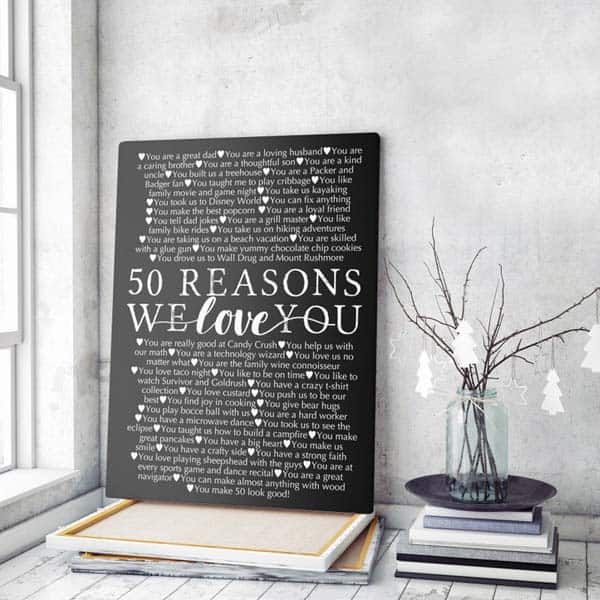 unique gifts for 50 year old woman: 50 reasons why we love you wall art