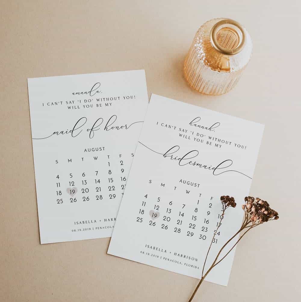 Calendar proposal card to bridesmaid