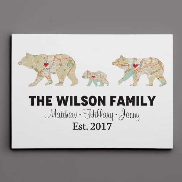 gift ideas for aunt and uncle: Bear Family Map Canvas Print