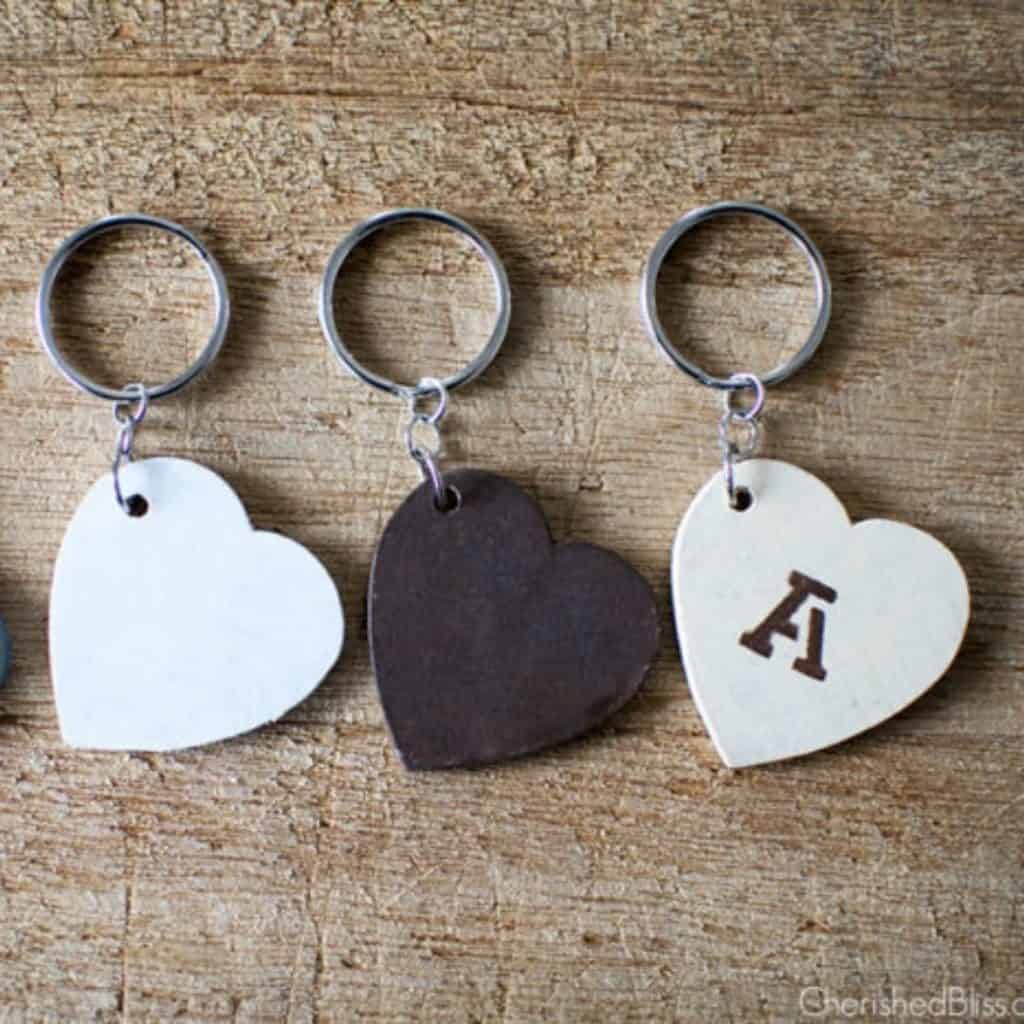 keychains made with wooden hearts