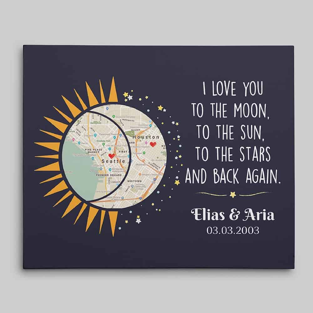 love you to the moon and back map canvas print valentines day gift for nerds geeks