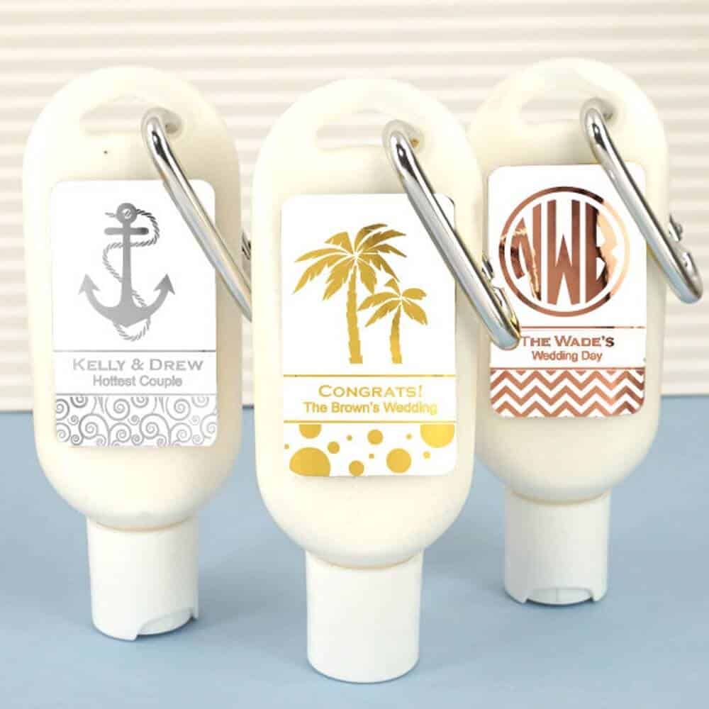 mini sunscreen bottles - affordable wedding party favors