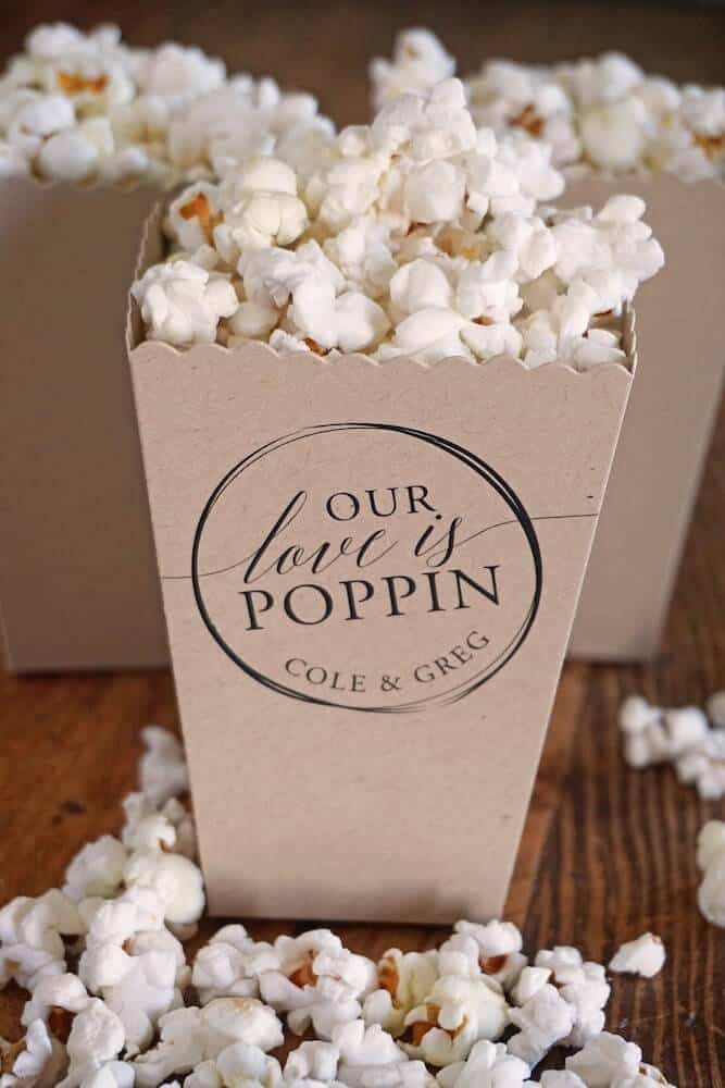 inexpensive wedding party favor idea: popcorn boxes