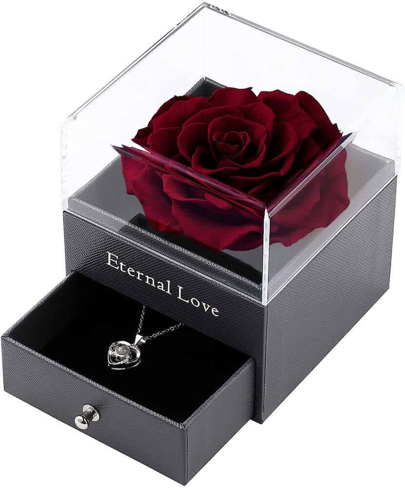 a romantic gift for wife on mother's day - preserved rose drawer with a necklace