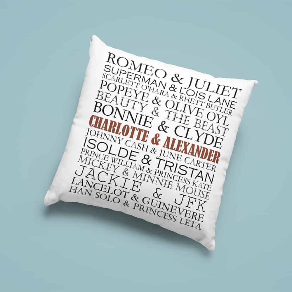 anniversary present for friends: Couple's Names Typography Pillow