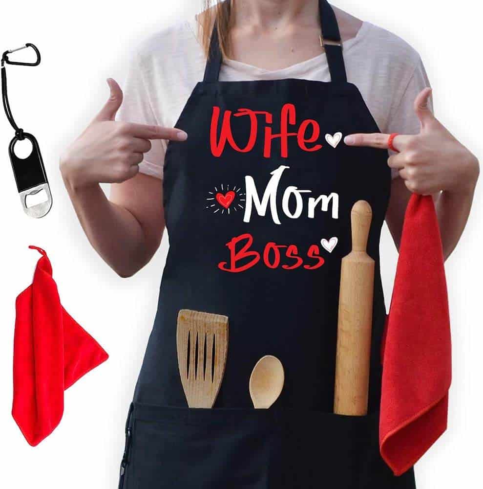 an apron with the words wife mom boss - a mother's day gift idea for wife