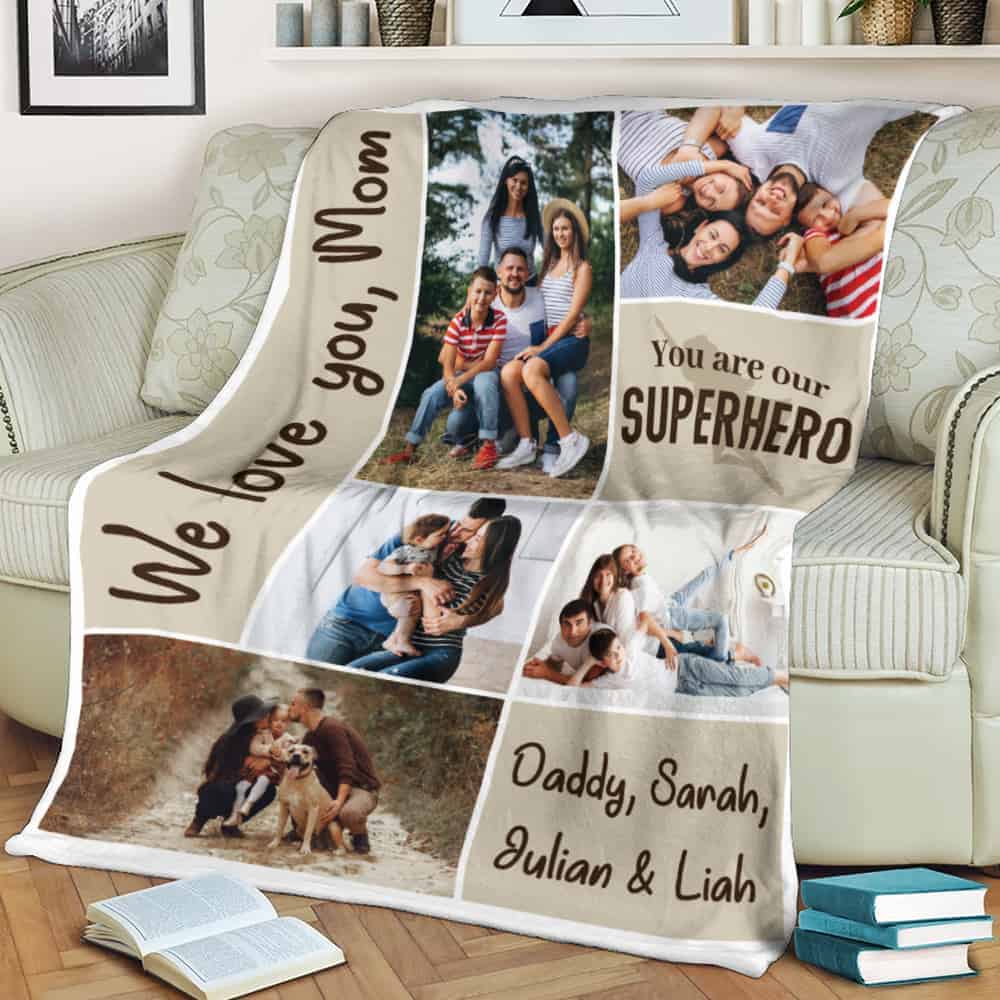 a family photo collage throw pillow gift for mom on Mother's Day
