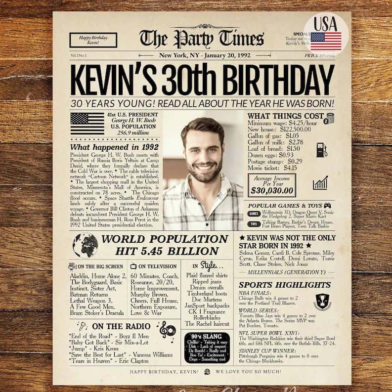 Newspaper Poster Sign 30th birthday gifts for him