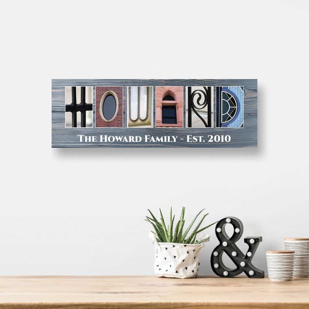 good housewarming gifts for couples Family Name Signs Letter Art Canvas Print
