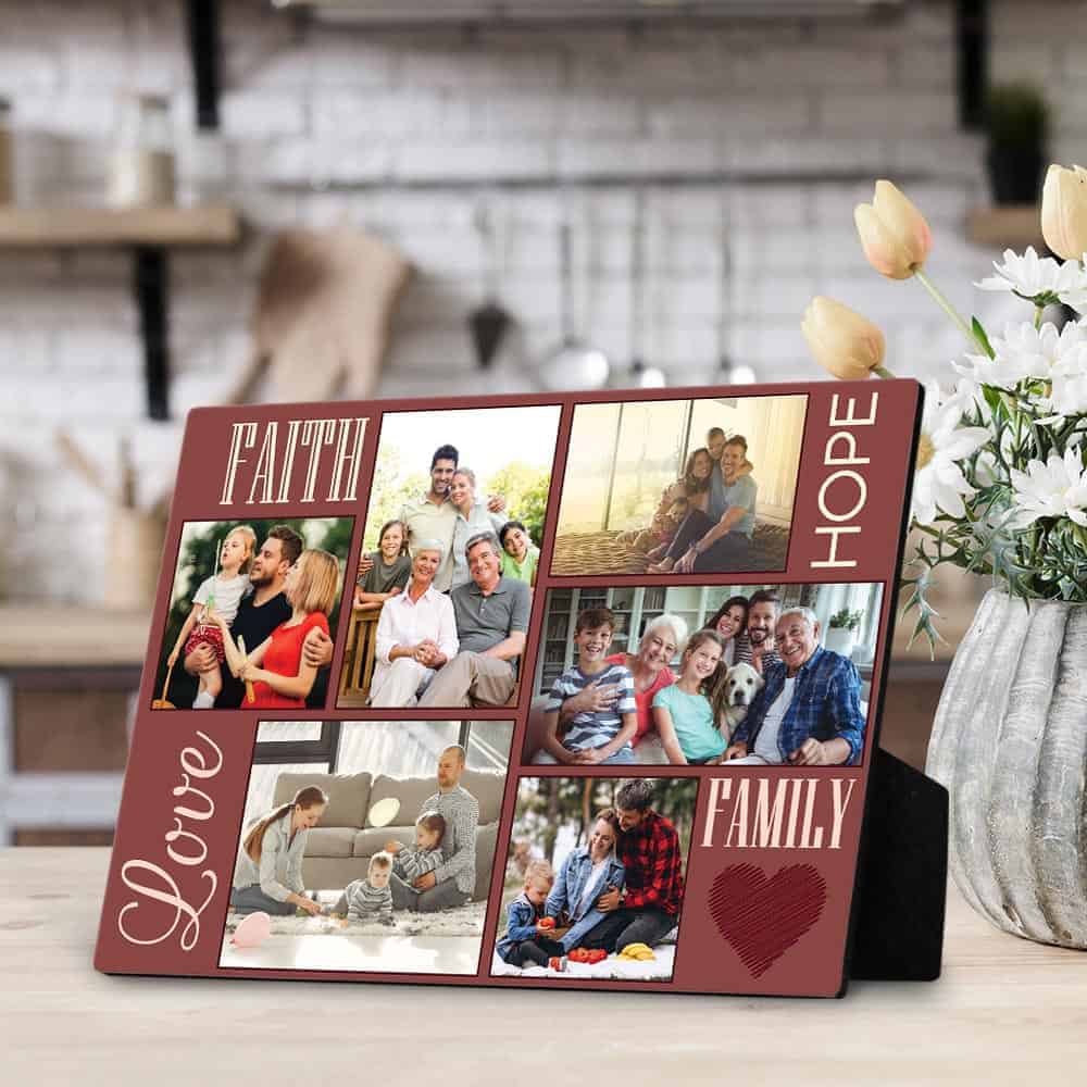 a custom desktop plaque with family photos for MILs