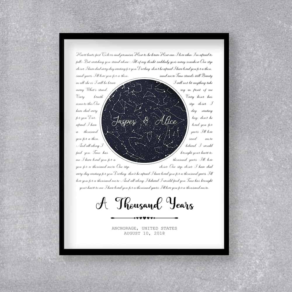 Custom Star Map And Song Lyrics Framed Print 18 year anniversary gift for wife