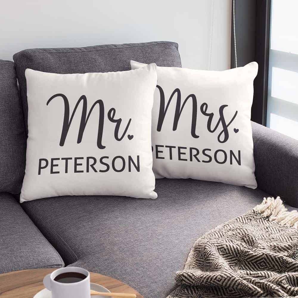 Mr And Mrs Custom Name Suede Pillow personalized gift for engaged couple