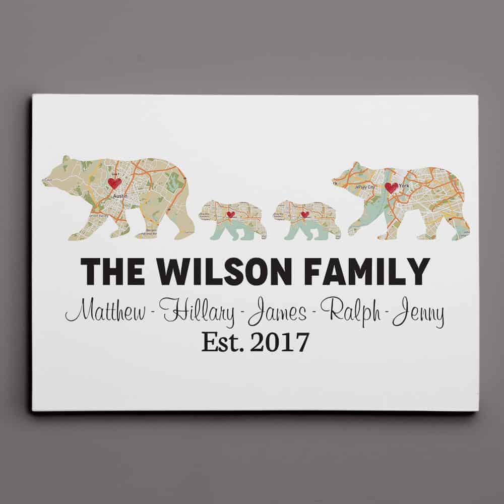 meaningful gift for parents' anniversary:  Custom Bear Family Map Canvas