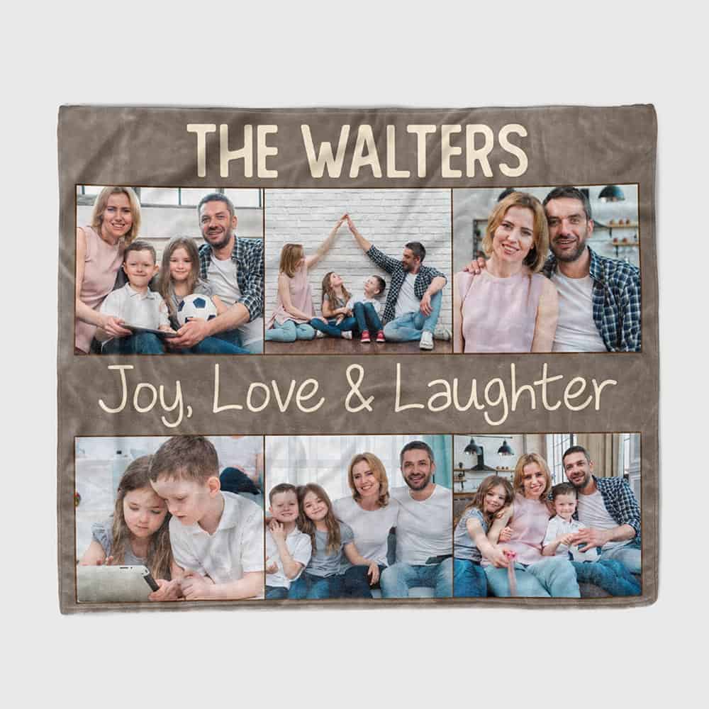 functional gift for parents' anniversary: Joy, Love, Laughter Family Photo Collage Blanket