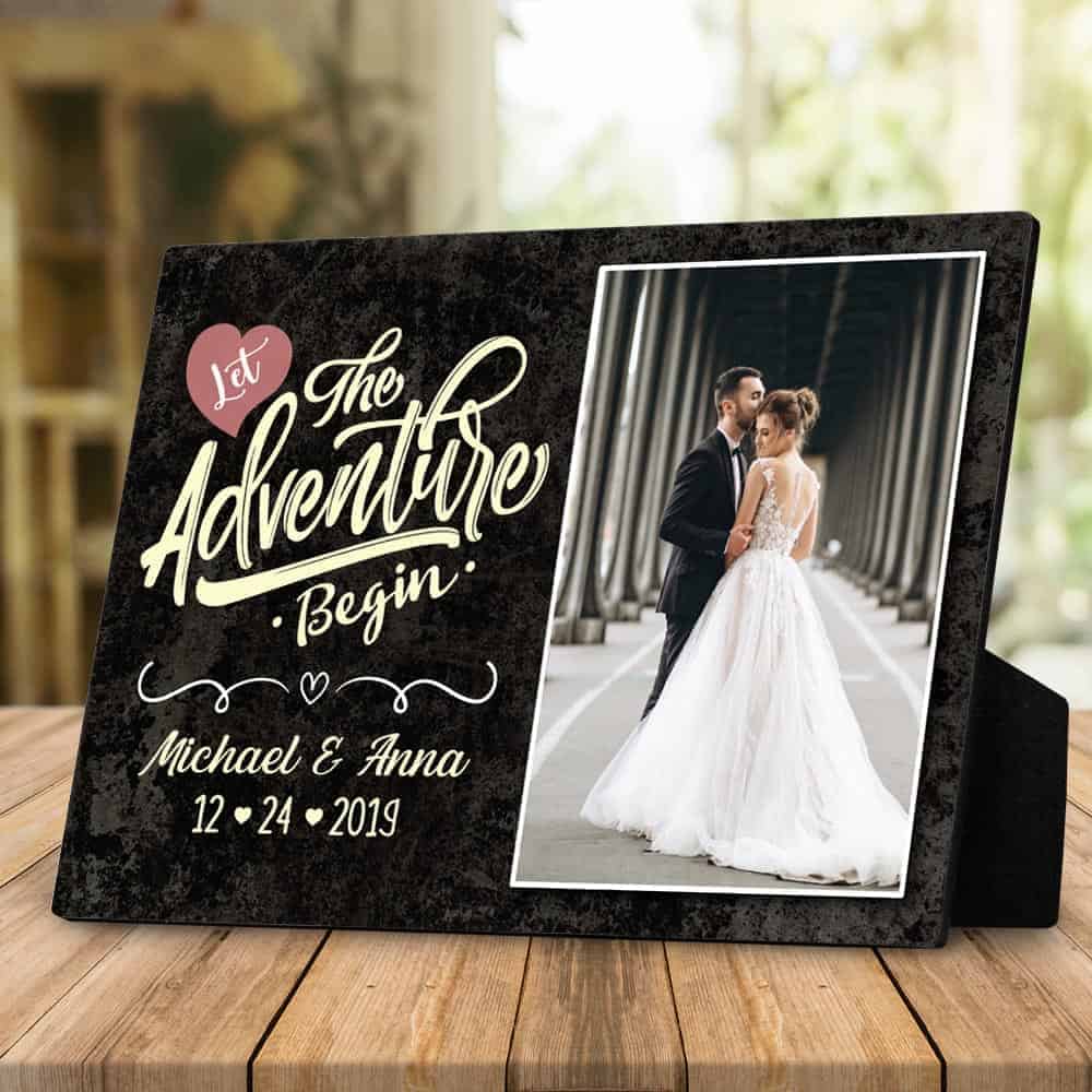 wedding gifts for friends: Let The Adventure Begin Photo Desktop Plaque