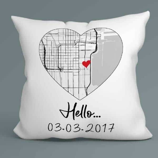 first dating anniversary gift ideas: Hello Map Suede Pillow
