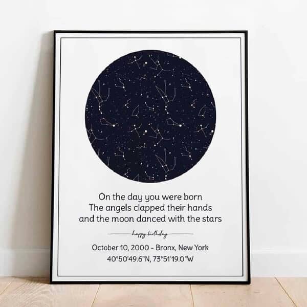 40th birthday gifts for men: “Happy Birthday” Star Map Framed Print