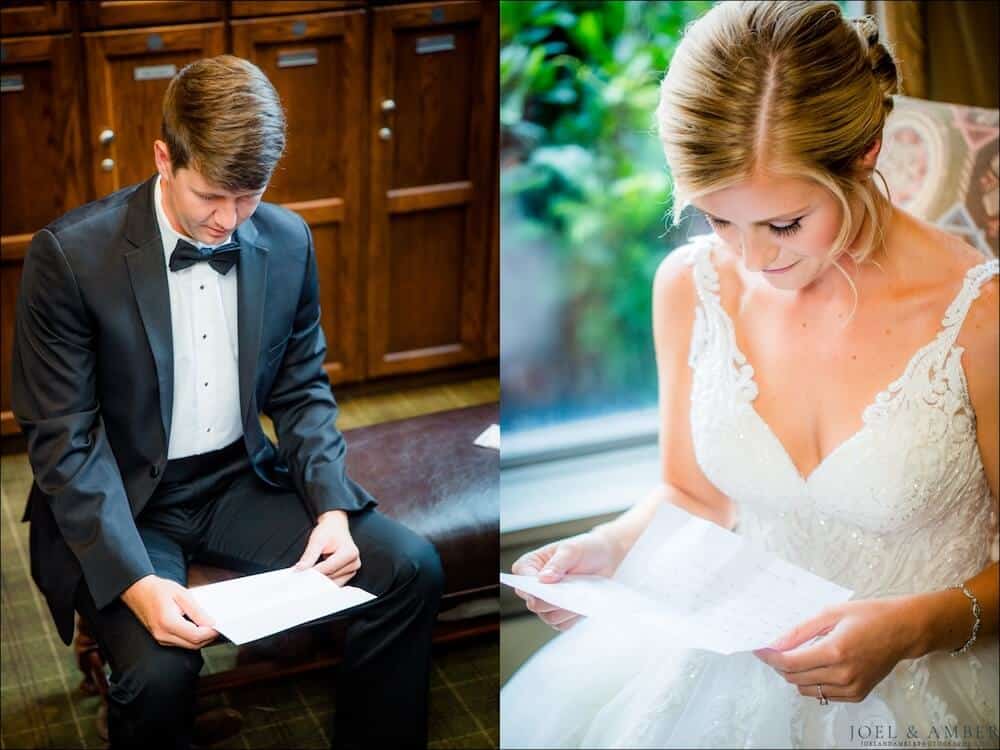 bride and groom reading personal notes on wedding day