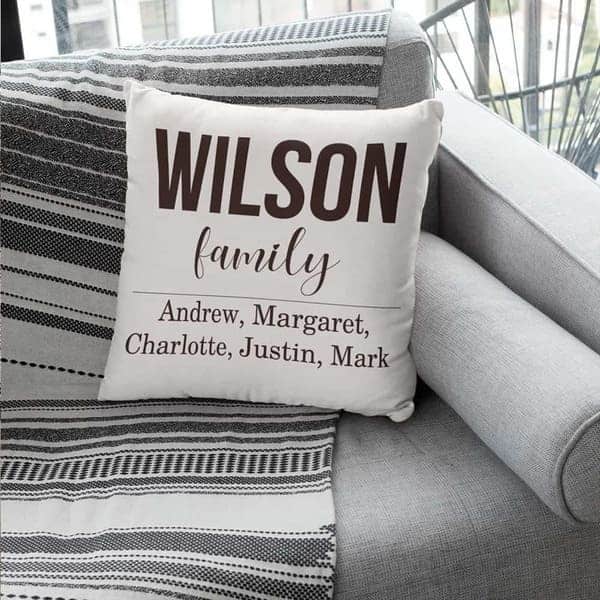 Sentimental gifts for in-laws: Personalized Family Name Suede Pillow