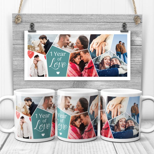 dating anniversary gifts: 1 Year Together Photo Collage Mug