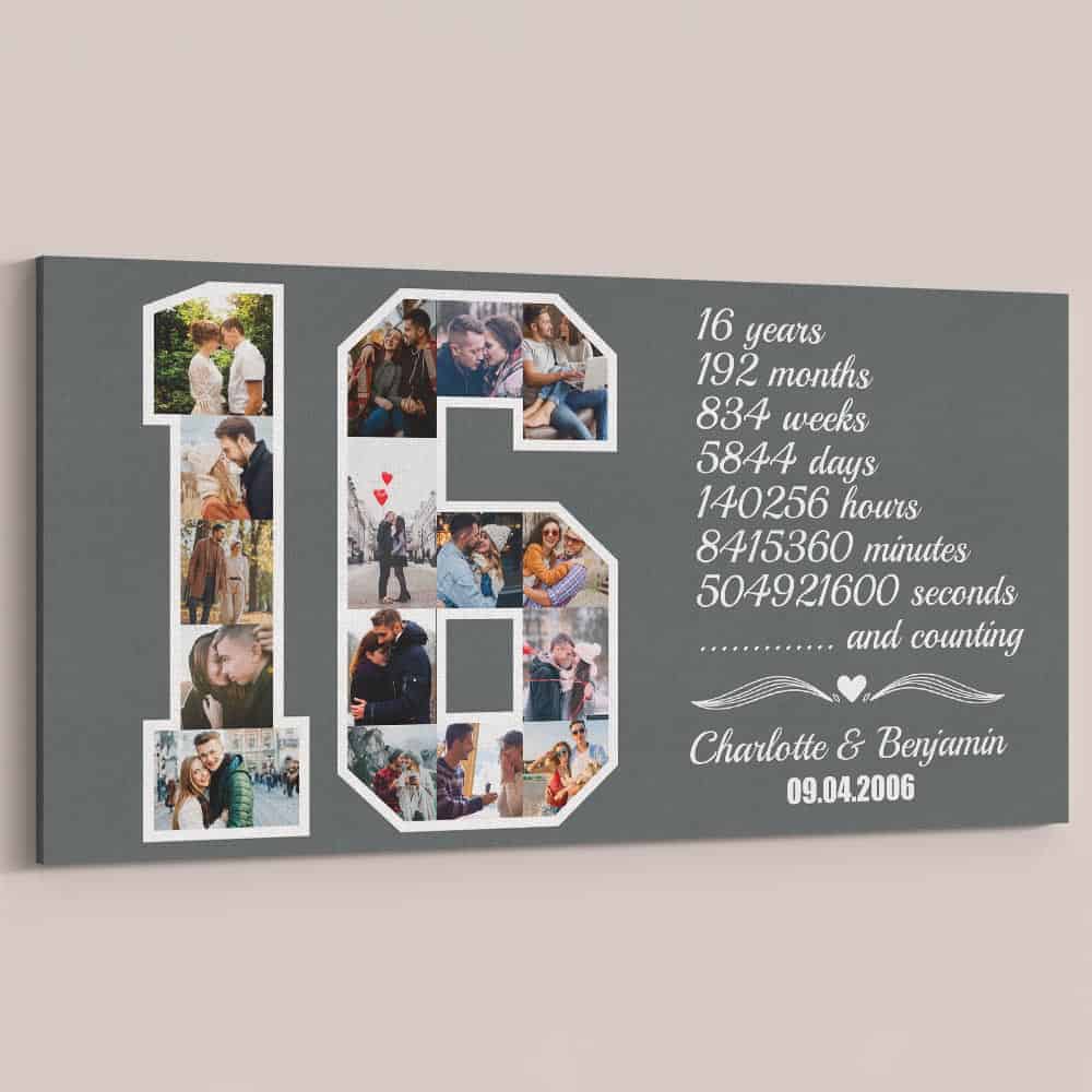 Custom 16th Anniversary Gift for Couples Number Photo Collage Canvas Print