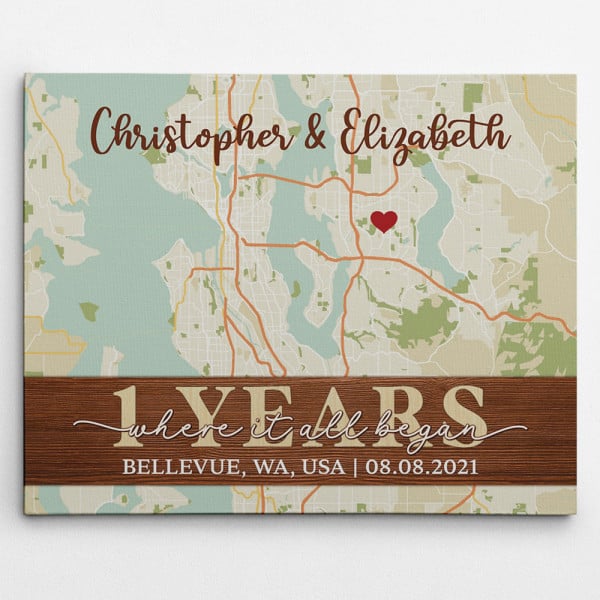 1 year anniversary gift for her: Where It All Began Custom Street Map 1st Anniversary Canvas Print