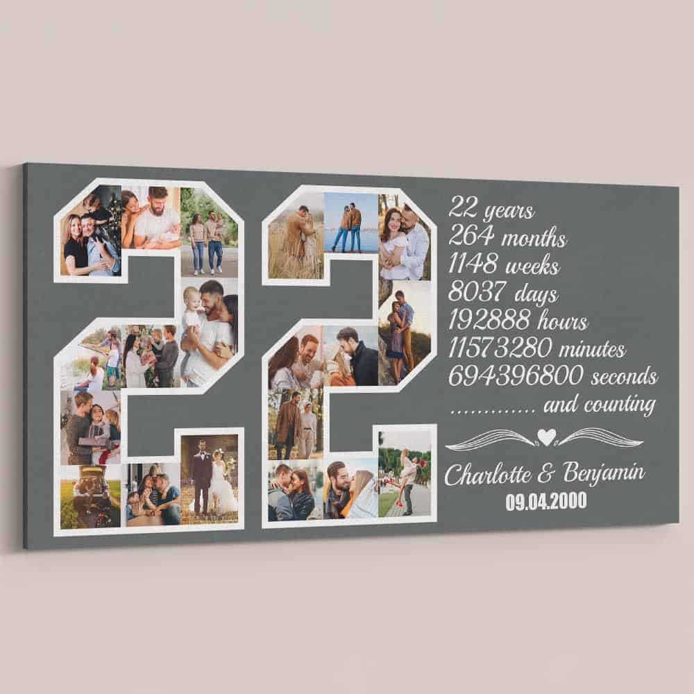 Custom 22nd Anniversary Gift for Couples Number Photo Collage Canvas Print