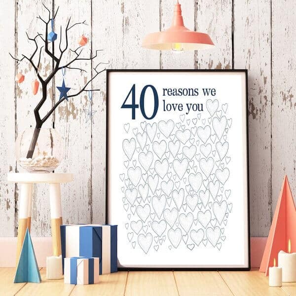 40th birthday gifts for men: “40 Reasons We Love You” Poster