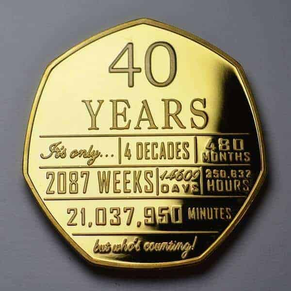 40th birthday gifts for men: “40th Birthday” Gold Commemorative