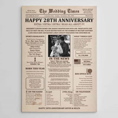 28th Wedding Newspaper Anniversary Poster Custom Canvas Print