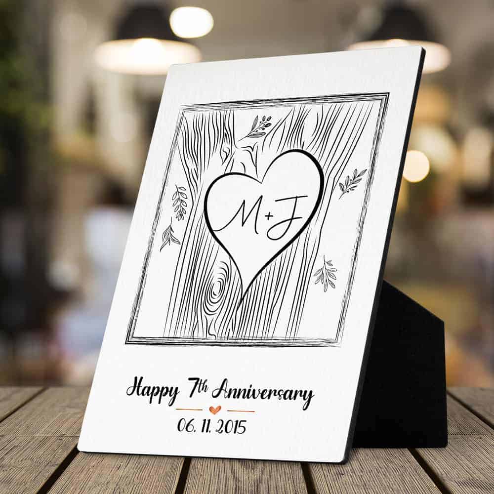 7th Anniversary Custom Couple’s Carved Heart Initials Desktop Plaque