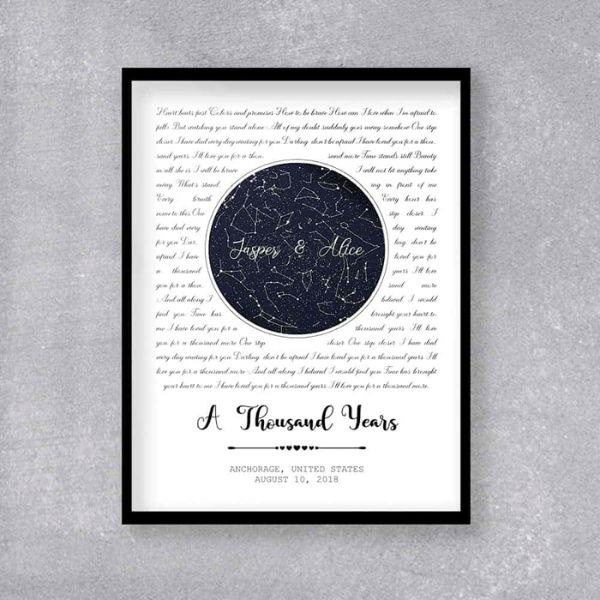 Custom Star Map And Song Lyrics Framed Print for friend's wedding