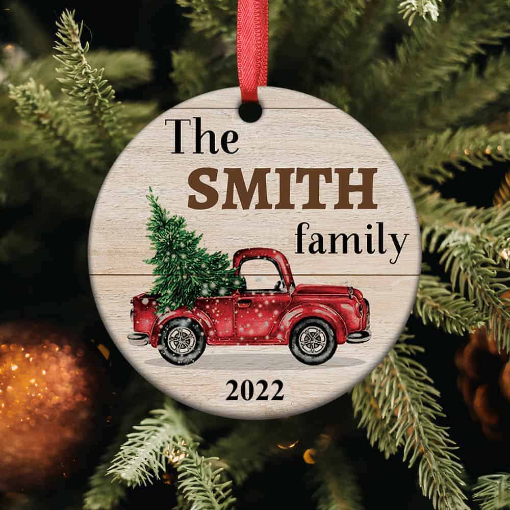 red truck family name personalized ornament
