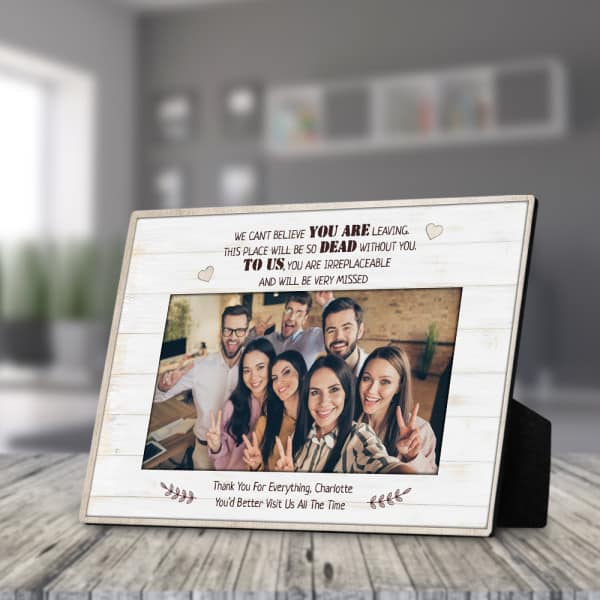 retirement gifts for women: You Are Irreplaceable And Will Be Very Missed Custom Desktop Photo Plaque
